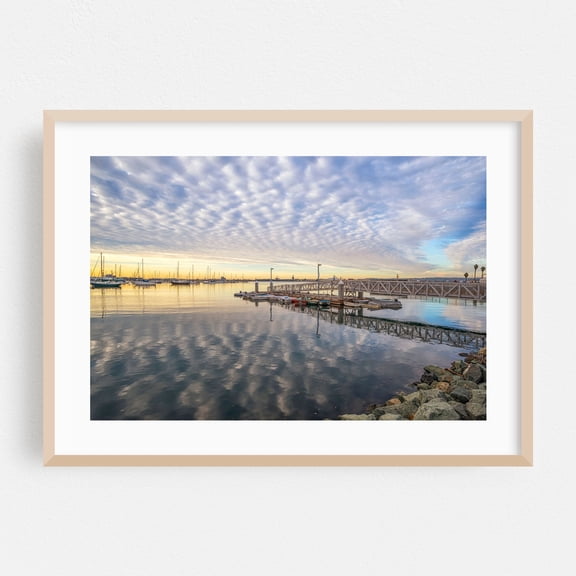 Rippled Clouds Sunrise - San Diego California Photography Harbor Boat Water Scenic Sunset Coastal Landscape Oak Framed Wall Art Print 20 x 30 inches