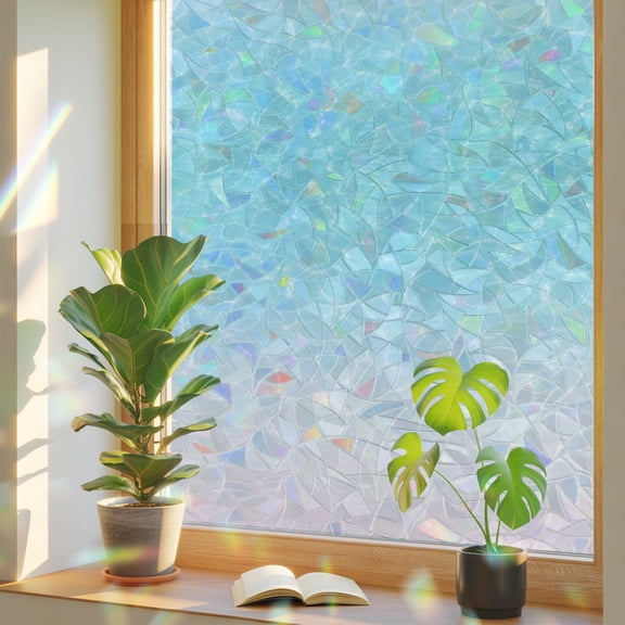 Rippled Liquid Waves Window Privacy Film, Coastal Minimalist Blue Clear Pool Water Static Cling Stained Glass Window Sticker Decorative Removable Rainbow Film for Glass 17.7”x39.3”
