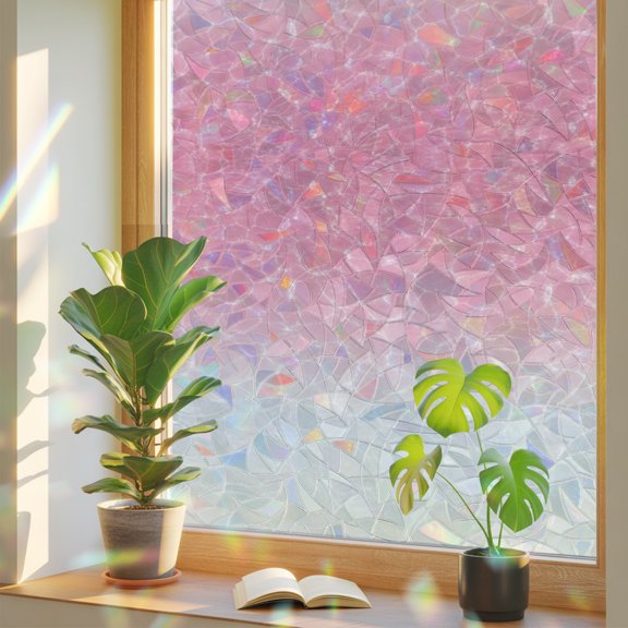 Rippled Liquid Waves Window Privacy Film, Coastal Minimalist Pink Clear Pool Water Static Cling Stained Glass Window Sticker Decorative Removable Rainbow Film for Glass 17.7”x39.3”