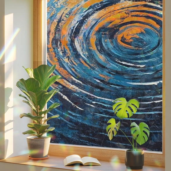 Ripples Window Privacy Film, Abstract Water Surface Teal Orange Circles Stained Glass Rainbow Film Decorative Window Clings, Static Cling Sun Blocking Stickers 29.5" x 118"