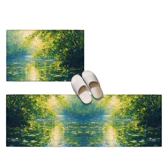 Rippling Sunlit River 2 Pieces Non-Slip Kitchen Mat Set, Floating Lily Pads Willow Oil Painting Style Soft Door Mat with Rubber Backing, Dirtproof Rugs for Entrance Doorway, 19.7x31.5in+19.7x47.2in