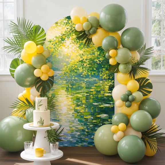Rippling Sunlit River Arch Backdrop Cover, 4FT, Floating Lily Pads Willow Oil Painting Style Spandex Arch Covers Double-Sided Backdrop for Wedding Birthday Party Photo Background Decoration