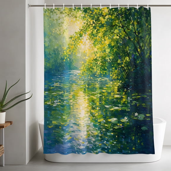 Rippling Sunlit River Bathroom Shower Curtain, Floating Lily Pads Willow Oil Painting Style Waterproof Washable Soft Bath Curtain for Bathtub Decor with 12 Hooks&Grommet, 36x72in