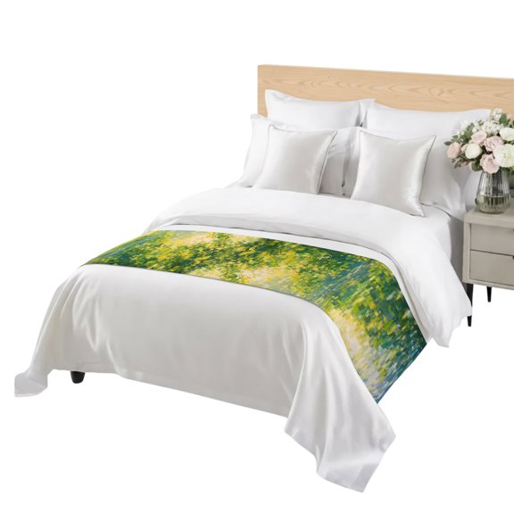 Rippling Sunlit River Bed Runner for Bedroom, Floating Lily Pads Willow Oil Painting Style Decorative Satin Bed Runners & Scarves for Foot of Twin Beds Bedding Throws for Hotel Guest Room 71" x 20"