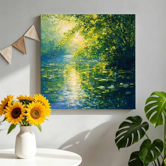 Rippling Sunlit River Canvas Wall Art, Floating Lily Pads Willow Oil Painting Style Framed Picture Canvas Wall Art Print Decor Artwork Decorations for Living Room Bedroom Ready to Hang 8" x 8"