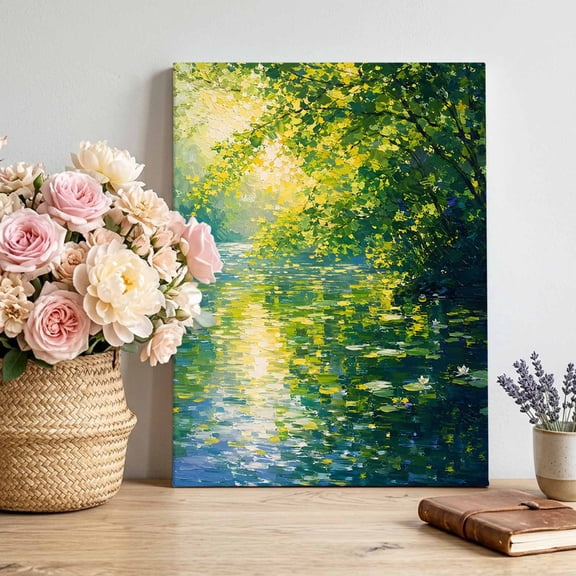 Rippling Sunlit River Canvas Wall Art for Living Room, Floating Lily Pads Willow Oil Painting Style Poster Print Painting for Bedroom Office Home Decoration Wall Pictures Prepare To Hang 8"x12"