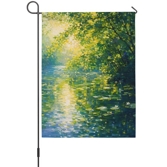 Rippling Sunlit River Garden Flag 12 x 18 Inches, Floating Lily Pads Willow Oil Painting Style Weather Proof Outdoor Patio Flags Double Sided Small Garden Decoration for Yard Outside Home