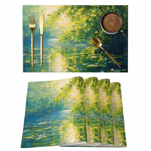 Rippling Sunlit River Placemats Set of 1, Floating Lily Pads Willow Oil Painting Style Non-Slip Place Mats Washable Table Mats for Kitchen Dining Table Decorations Indoor/Outdoor