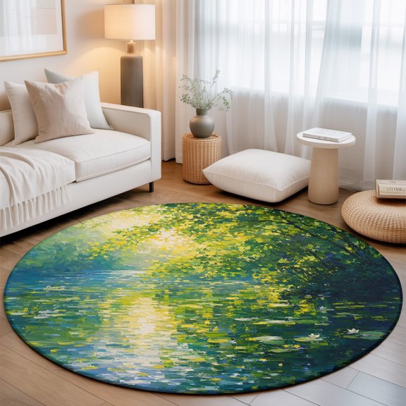 Rippling Sunlit River Round Area Rugs 3 ft, Floating Lily Pads Willow Oil Painting Style Washable Small Area Rug with Non-Slip Sturdy Edge Binding Round Front Door Mat Floor Carpet for Entryway