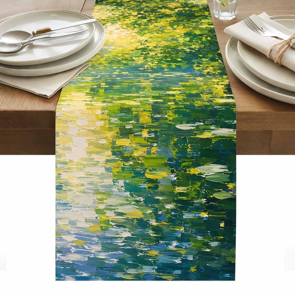 Rippling Sunlit River Table Runner, Floating Lily Pads Willow Oil Painting Style Washable Kitchen Table Runners Dress Scarves for Dining Table Decorations Party/Restaurant/Indoor Outdoor Use, 13x36in