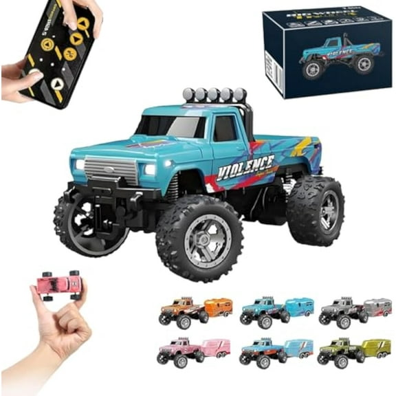 Riprush Mini Monster 1:64 Off-Road LED Alloy Racer, 2025 New 3-Speed Variable Speed Off-Road Vehicle with Trailer, LED Lights, 2.4GHz Racing System, Speed/Steering Adjustable (Blue-A,No Trailer)