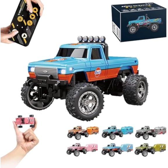 Riprush Mini Monster 1:64 Off-Road LED Alloy Racer, 2025 New 3-Speed Variable Speed Off-Road Vehicle with Trailer, LED Lights, 2.4GHz Racing System, Speed/Steering Adjustable (Blue-B,No Trailer)
