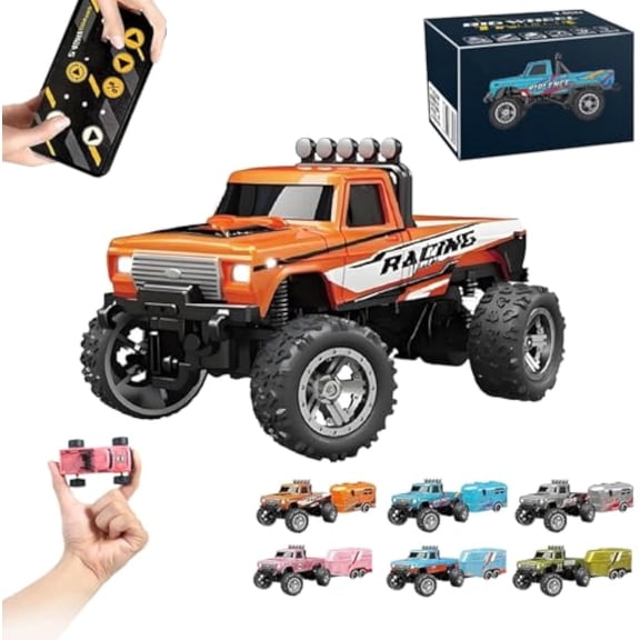 Riprush Mini Monster 1:64 Off-Road LED Alloy Racer, 2025 New 3-Speed Variable Speed Off-Road Vehicle with Trailer, LED Lights, 2.4GHz Racing System, Speed/Steering Adjustable (Orange,No Trailer)