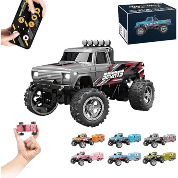 Riprush Mini Monster 1:64 Off-Road LED Alloy Racer, 2025 New 3-Speed Variable Speed Off-Road Vehicle with Trailer, LED Lights, 2.4GHz Racing System, Speed/Steering Adjustable (Gray,No Trailer)