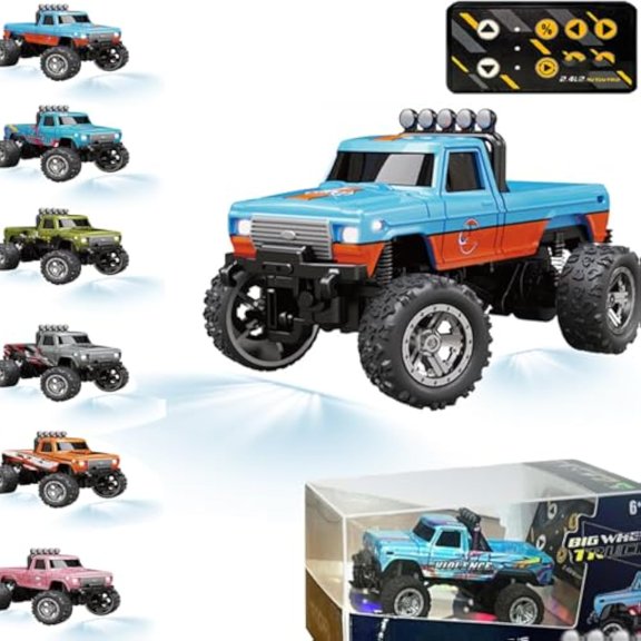 Riprush Mini Monster 1/64 - Off-Road LED Alloy Racer, 3-Speed Modes, Aerospace-Grade Alloy Construction Mini Monster Truck RC Car with Trailer (Orange+Blue)