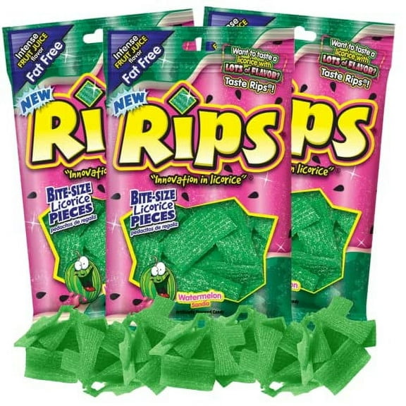 Rips Licorice Bite Size Candy, Watermelon Real Fruit Juice Flavored Fat Free Candies, Edible Cake and Cupcake Toppers for Birthday Parties and Events, Pack of 3, 4 Ounces Each