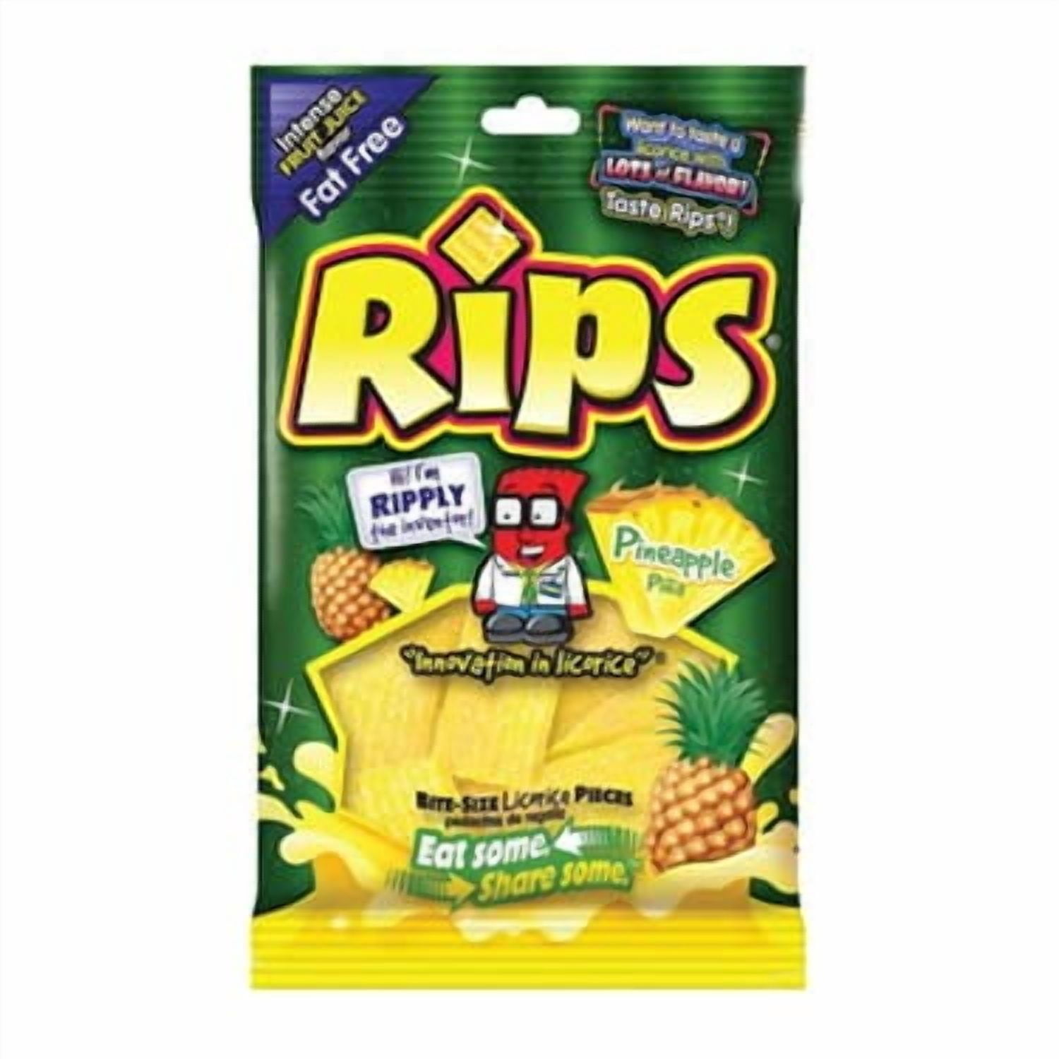 Rips Licorice Candy, Tropical Pineapple Flavor, Chewy Strips, 4 oz Bag - Pack of 12