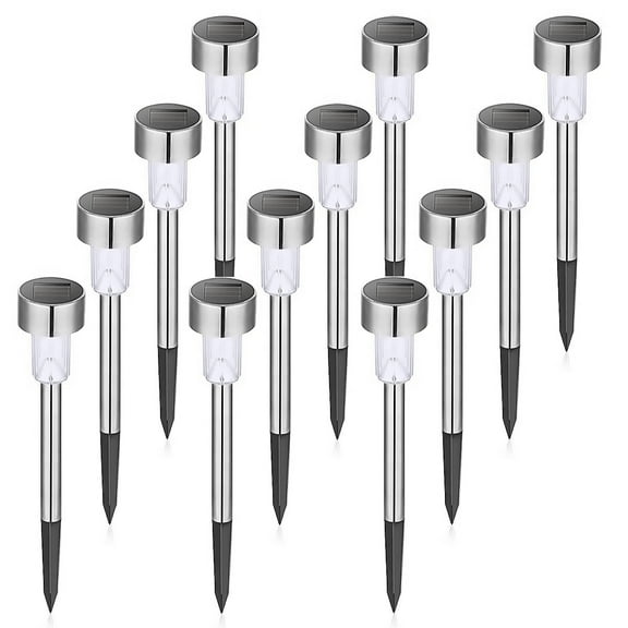 Rirool 12-Pack Solar LED Garden Lights, Stainless Steel Waterproof Outdoor Landscape Lighting - Cool white