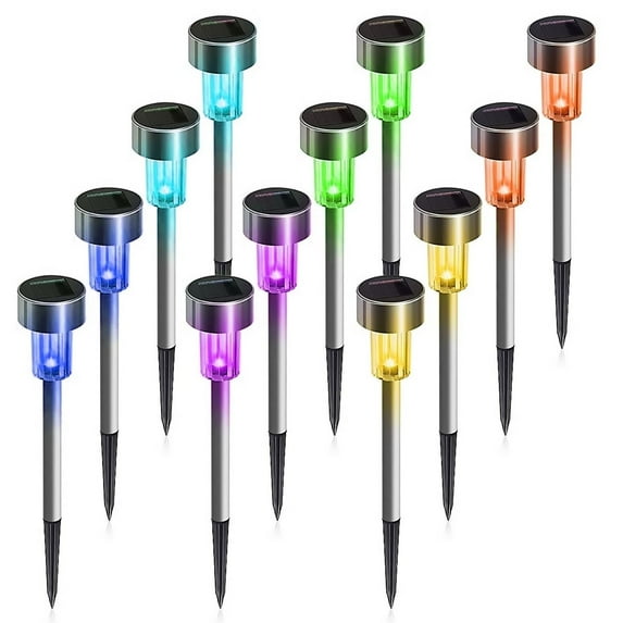 Rirool 12-Pack Solar LED Garden Lights, Stainless Steel Waterproof Outdoor Landscape Lighting - Multi-color