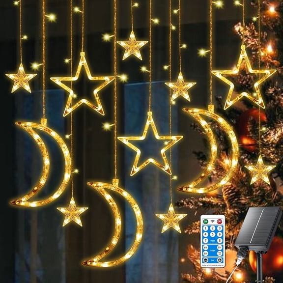Rirool 138LED Solar String Lights with Remote, USB Rechargeable & Solar Powered, 8 Modes Waterproof Fairy Lights for Patio, Garden, Wedding (Star & Moon Design)