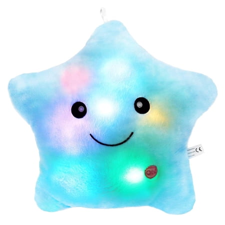 Rirool 14 Inch Blue LED Star Plush Pillow, Twinkle Light Up Stuffed Animal Cushion with Color Changing Night Light, Soft PP Cotton Kids Bedtime Toy for Nursery Bedroom Decor Age 3+