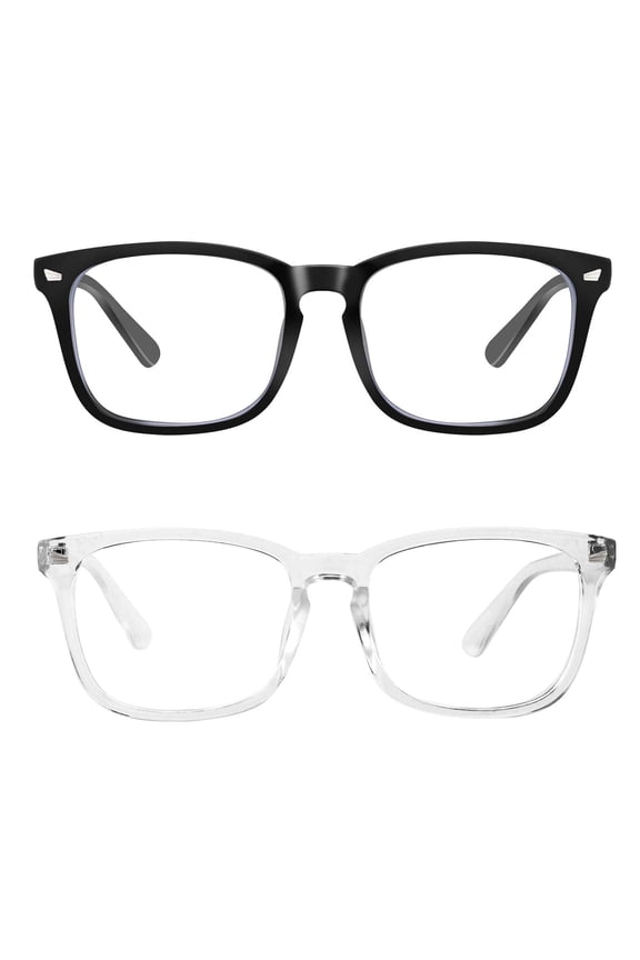 2 Pack Blue Light Blocking Glasses - Computer Reading/Gaming/TV/Phones Glasses for Women Men - Anti Eyestrain & UV Glare Protection - Black+Clear