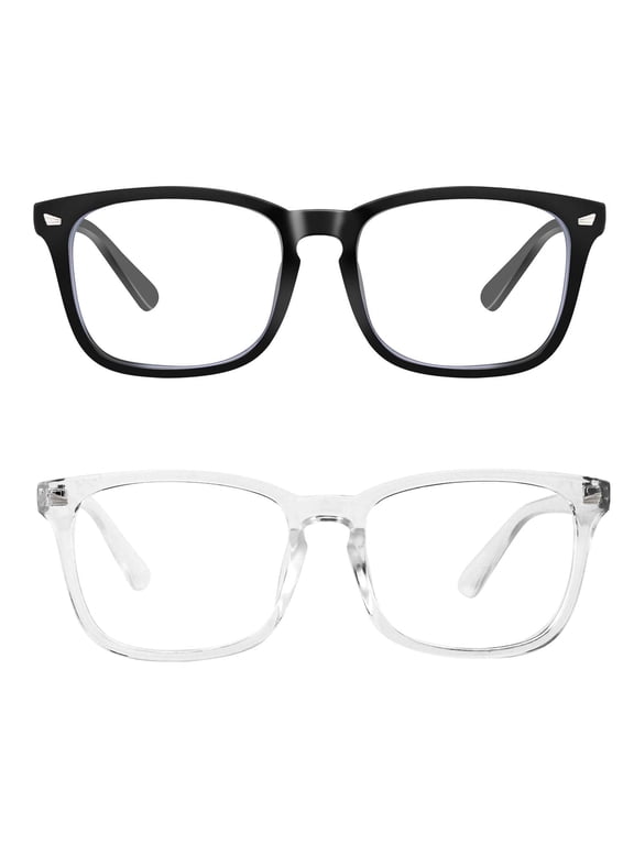 2 Pack Blue Light Blocking Computer Glasses, Black and Clear Frames Anti Eyestrain UV400 Screen Glasses for Women Men Reading Gaming TV Phone Office Work Screen Time Comfort Kit