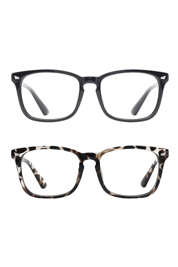 2 Pack Blue Light Blocking Glasses - Computer Reading/Gaming/TV/Phones Glasses for Women Men - Anti Eyestrain & UV Glare Protection - Black+Leopard