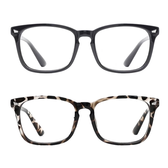 Rirool 2 Pack Blue Light Blocking Computer Glasses, Black and Leopard Frames Anti Eyestrain UV400 Screen Glasses for Women Men Reading Gaming TV Phone Office Work Screen Time Comfort Kit