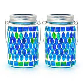 Rirool 2 Pack Solar Lanterns Outdoor, Mosaic Glass Hanging Lights for Garden, Patio, Backyard - Waterproof IP44, Warm White LED, Auto On/Off