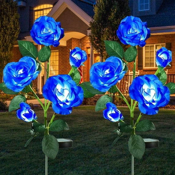 Rirool 2-Pack Solar Rose Flower Stake Lights, 10 Waterproof LED Flowers for Outdoor Garden, Pathway, Patio, Yard Decoration, Blue - Blue