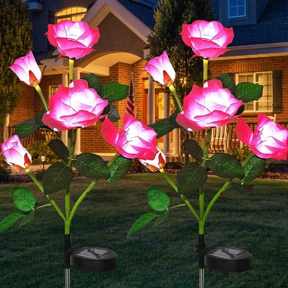 Rirool 2-Pack Solar Rose Flower Stake Lights, 10 Waterproof LED Flowers for Outdoor Garden, Pathway, Patio, Yard Decoration, Blue - Pink