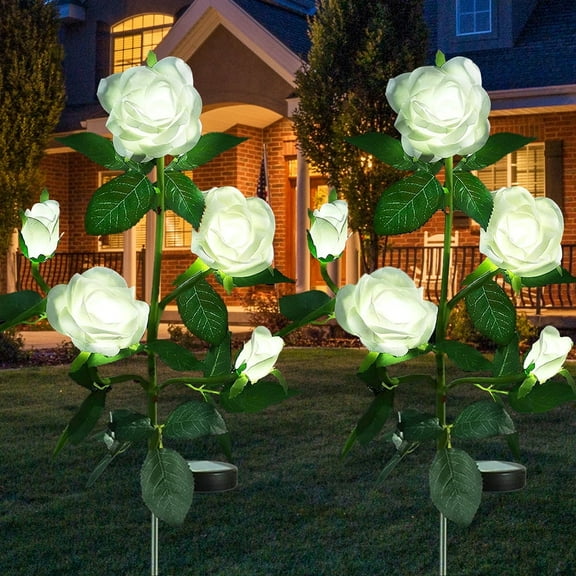 Rirool 2-Pack Solar Rose Flower Stake Lights, 10 Waterproof LED Flowers for Outdoor Garden, Pathway, Patio, Yard Decoration, Blue - White