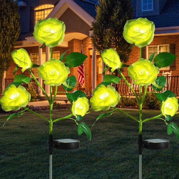 Rirool 2 Pack Yellow Solar Rose Flower Stake Lights, 10 LED Artificial Roses Outdoor Garden Decor, Waterproof Dusk to Dawn Pathway Lights for Patio Yard Walkway Summer Landscape