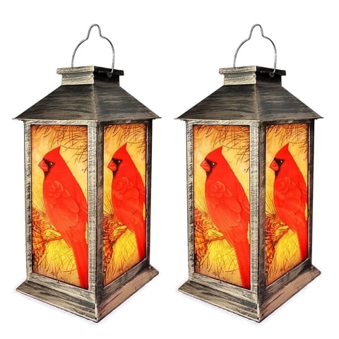 Rirool 2-Pack Solar Cardinal Lantern Lights - Waterproof LED Outdoor Hanging Lamps for Garden, Patio, Yard with Shepherd Hooks, Auto On/Off