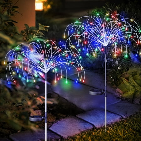 Rirool 2 Pack Solar Firework Lights, 120 LED Outdoor Garden Lights, Waterproof IP65 Pathway Yard Decor, DIY Copper Wire, Auto On/Off, Multicolor
