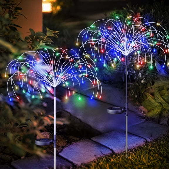 Rirool 2 Pack Solar Firework Lights, 120 LED Outdoor Garden Lights, Waterproof IP65 Pathway Yard Decor, DIY Copper Wire, Auto On/Off, Multicolor