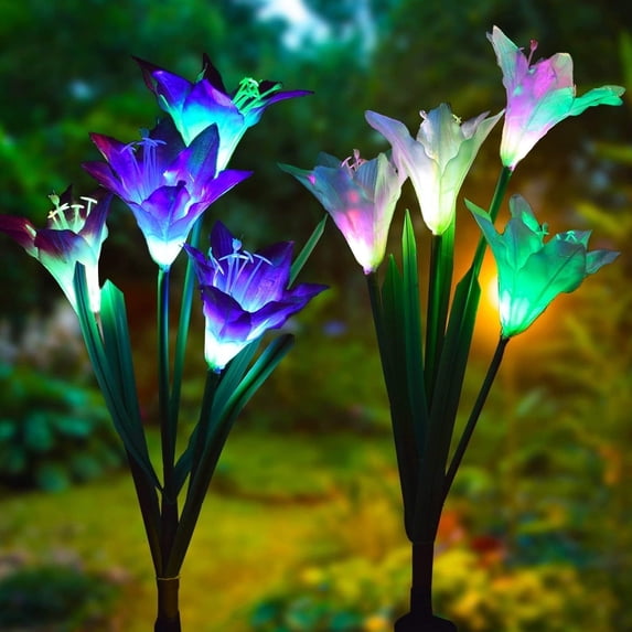 Rirool Solar Garden Lights Outdoor, Waterproof Lily Flower Landscape Lights with Color Changing LED, Solar Powered Yard Patio Lawn Decor, 2 Pack
