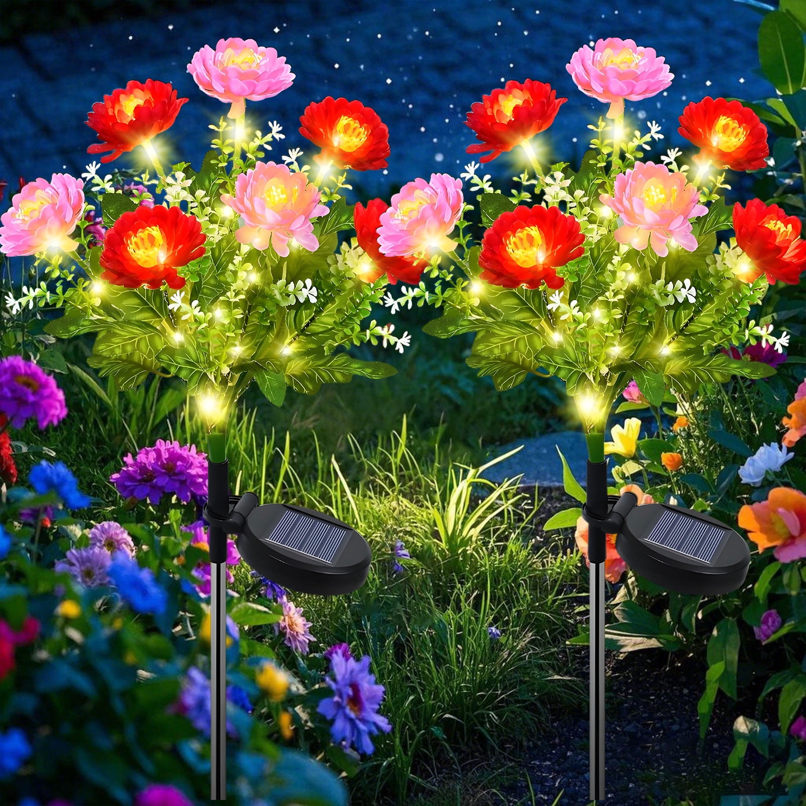 Rirool 2 Pack Solar Flower Lights Outdoor - 14 Blooming Waterproof Snow Lotus Garden Lights for Patio, Yard, Pathway, and Landscape Decoration - Auto On/Off, IP65