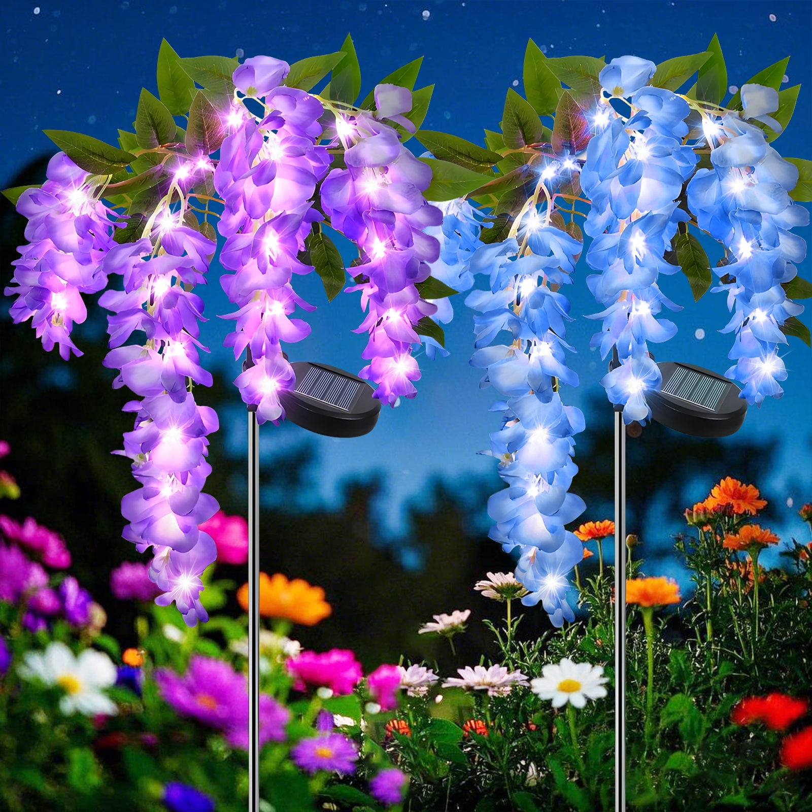 Rirool 2 Pack Solar Wisteria Flower Lights, Waterproof Solar Lights Outdoor  for Garden, Patio, Yard Decor, Warm White LED, Blue and Purple