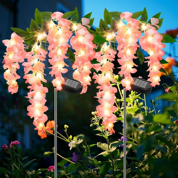 Rirool 2 Pack Solar Wisteria Flower Lights, Waterproof Solar Lights Outdoor for Garden, Patio, Yard Decor, Warm White LED, Pink