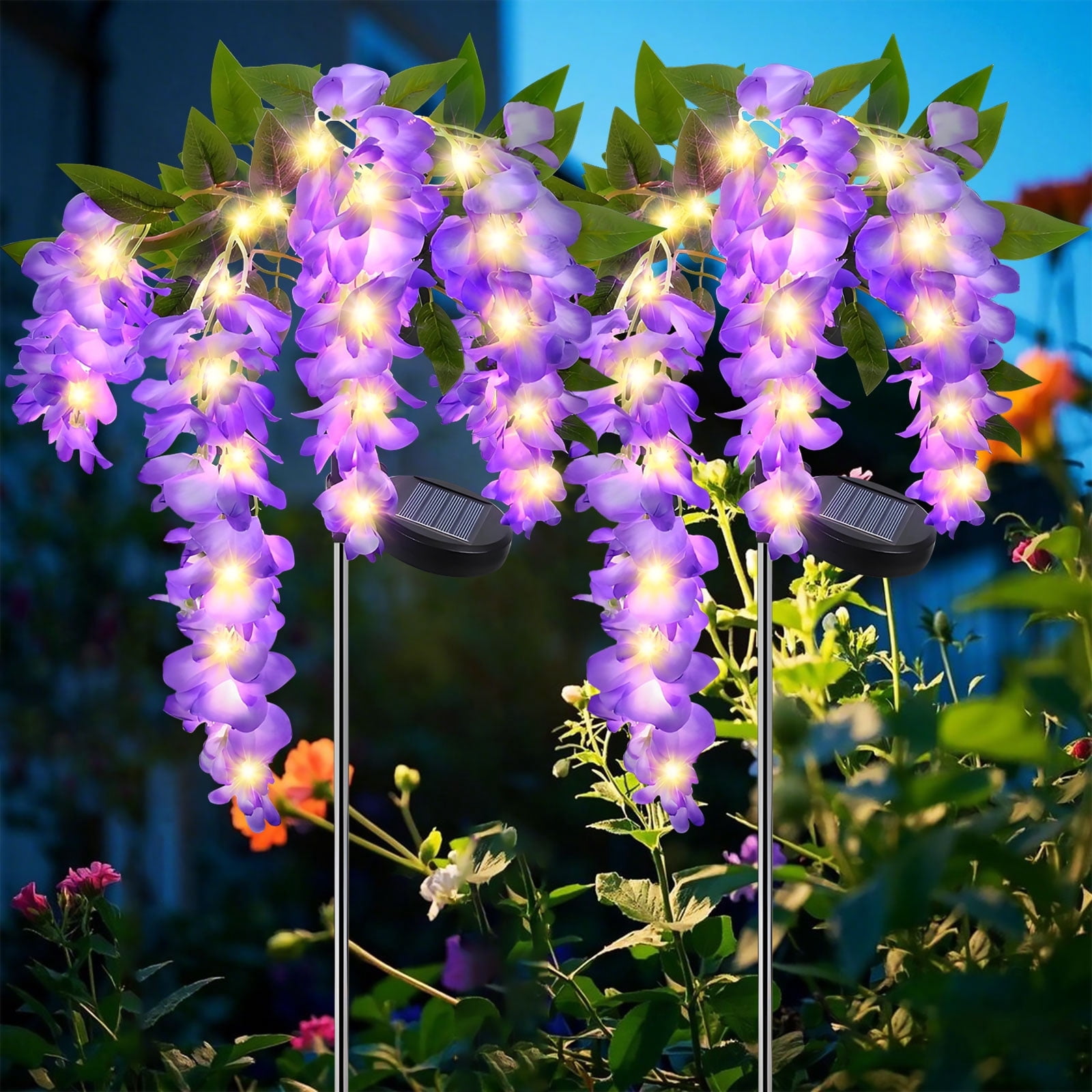 Rirool 2 Pack Solar Wisteria Flower Lights, Waterproof Outdoor LED Lights for Garden, Patio, Yard, Pathway Decor, Warm White, Easy Install, Purple