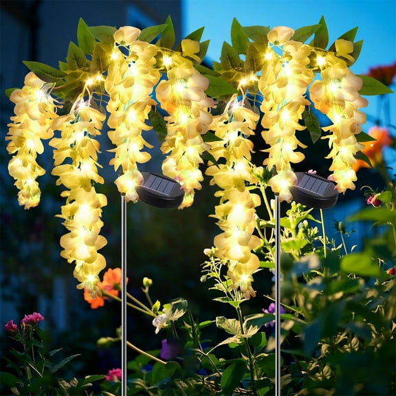 Rirool 2 Pack Solar Wisteria Flower Lights, Waterproof Solar Lights Outdoor for Garden, Patio, Yard Decor, Warm White LED, Yellow