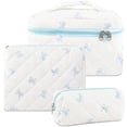 thumbnail image 1 of Rirool 3-Piece Quilted Cotton Makeup Bag Set, Blue Bow Print Cosmetic Pouches with Zipper Closures, Portable Toiletry and Skincare Organizers for Women, Travel, Handbags and Everyday Storage, 1 of 7