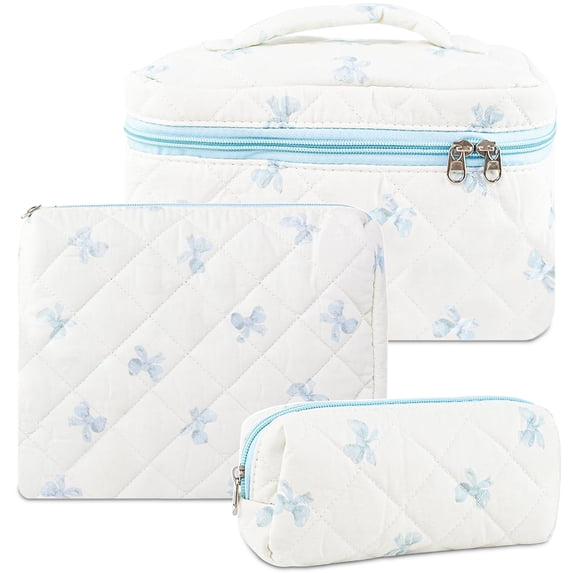 Rirool 3-Piece Quilted Cotton Makeup Bag Set, Blue Bow Print Cosmetic Pouches with Zipper Closures, Portable Toiletry and Skincare Organizers for Women, Travel, Handbags and Everyday Storage