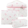 thumbnail image 1 of Rirool 3-Piece Quilted Cotton Makeup Bag Set, Pink Bow Print Cosmetic Pouches with Zipper Closures, Portable Toiletry and Skincare Organizers for Women, Travel, Handbags and Everyday Storage, 1 of 7