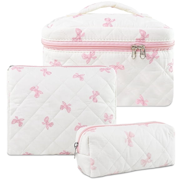 Rirool 3-Piece Quilted Cotton Makeup Bag Set, Pink Bow Print Cosmetic Pouches with Zipper Closures, Portable Toiletry and Skincare Organizers for Women, Travel, Handbags and Everyday Storage