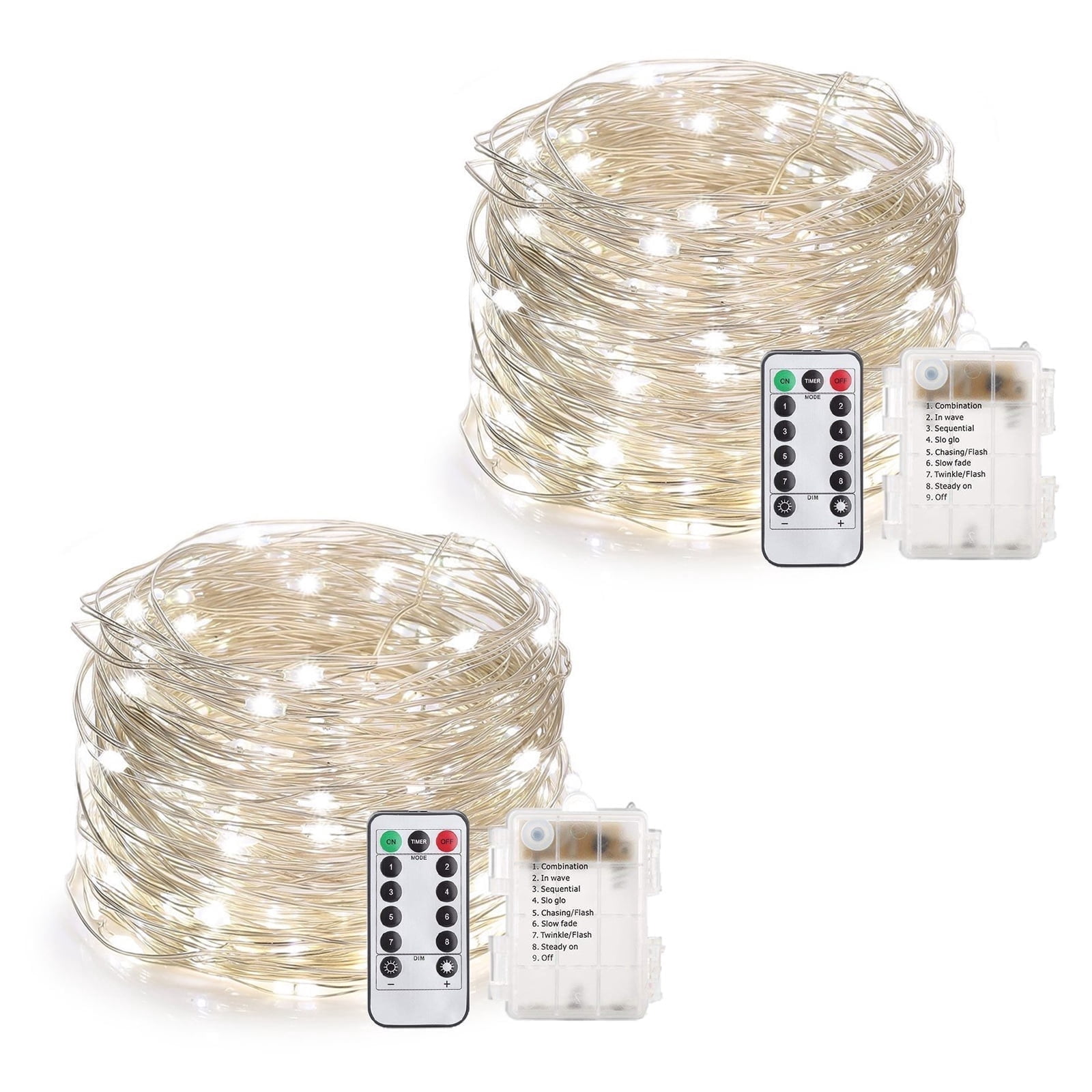 Rirool 2-Pack 33ft Cool White LED Fairy String Lights, Battery Operated Copper Wire Fairy Lights with Remote, 8 Modes, Timer, IP65 Waterproof Decor for Bedroom, Wedding, Patio, Garden