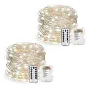 Rirool 2-Pack 33ft Cool White LED Fairy String Lights, Battery Operated Copper Wire Fairy Lights with Remote, 8 Modes, Timer, IP65 Waterproof Decor for Bedroom,