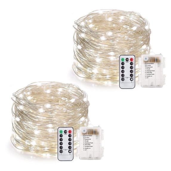 Rirool 2-Pack 33ft Cool White LED Fairy String Lights, Battery Operated Copper Wire Fairy Lights with Remote, 8 Modes, Timer, IP65 Waterproof Decor for Bedroom, Wedding, Patio, Garden